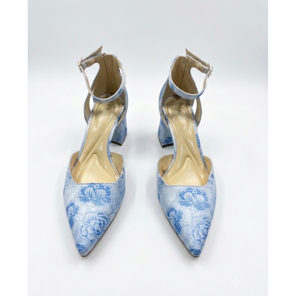 Jessica Simpson Sylri Floral Ankle Strap Block Heel Pumps Blue White Size 8.5M